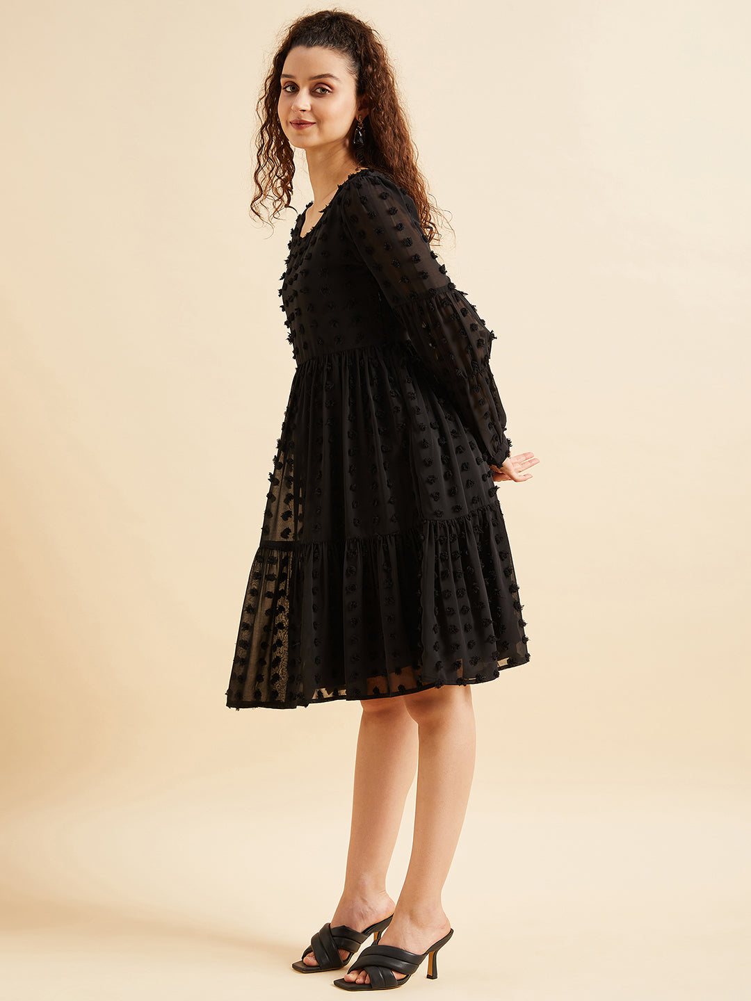Women Black Puffed Sleeves Tiered Fit  Flare Georgette Dress