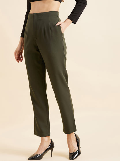 Olive Green Smart Straight Fit High-Rise Pleated Trousers