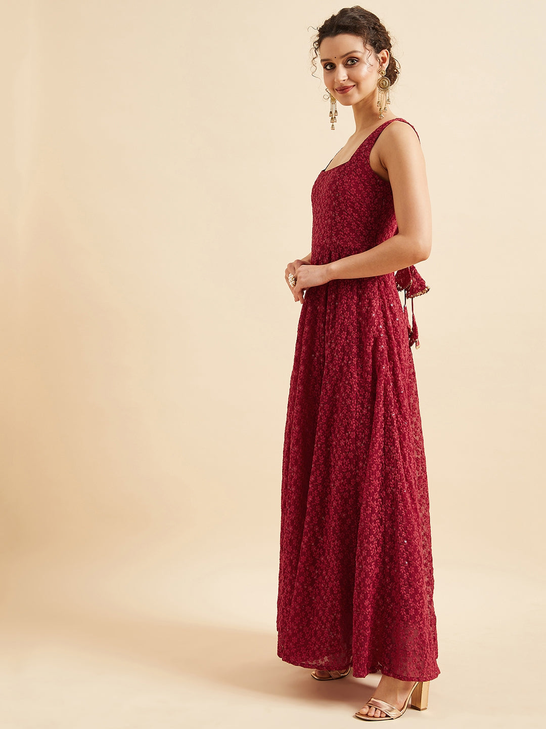 Embroidered Georgette Fit & Flare Maxi Dress - Red