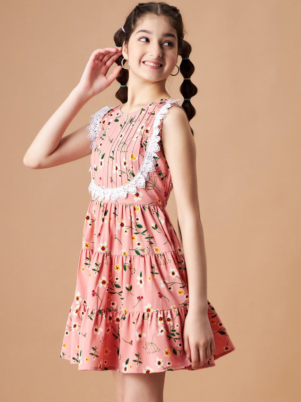 Girls Peach Floral Printed Crepe Fit & Flare Dress