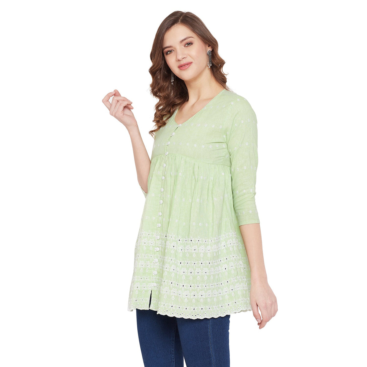 Women Lime Green Schiffli A-Line Flared Top