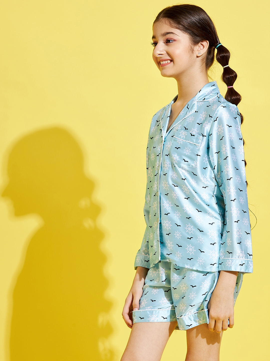Cherry Jerry Girls Turquoise Blue White Printed Night suit