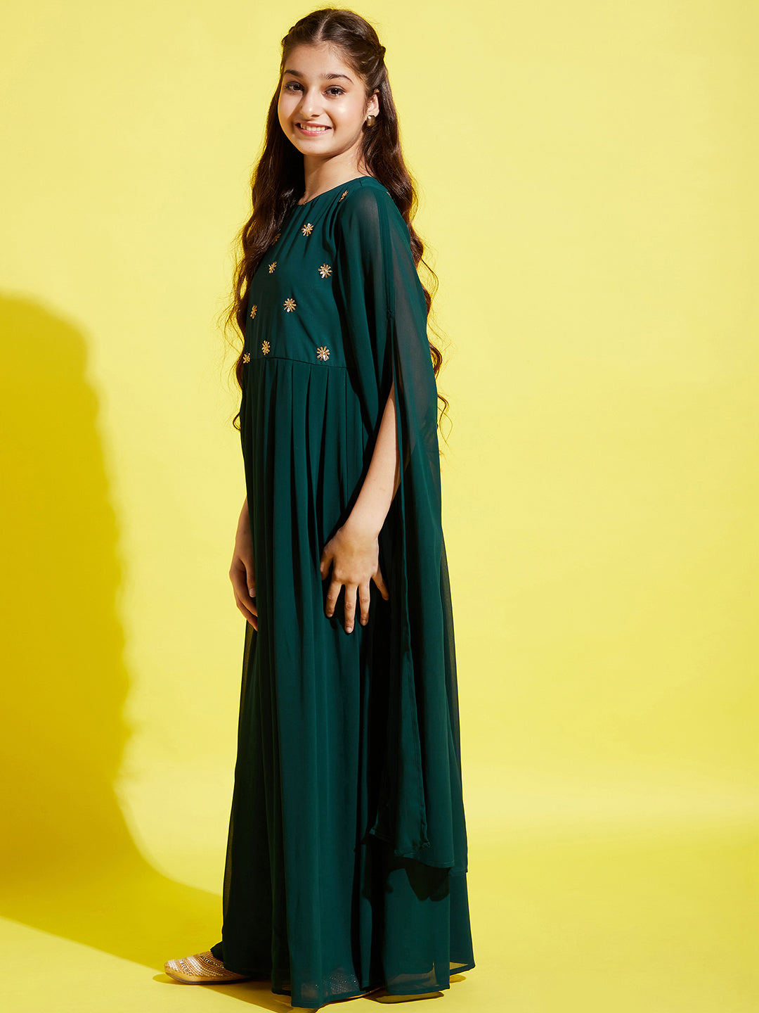 Girls Dark Green Georgette Maxi Dress