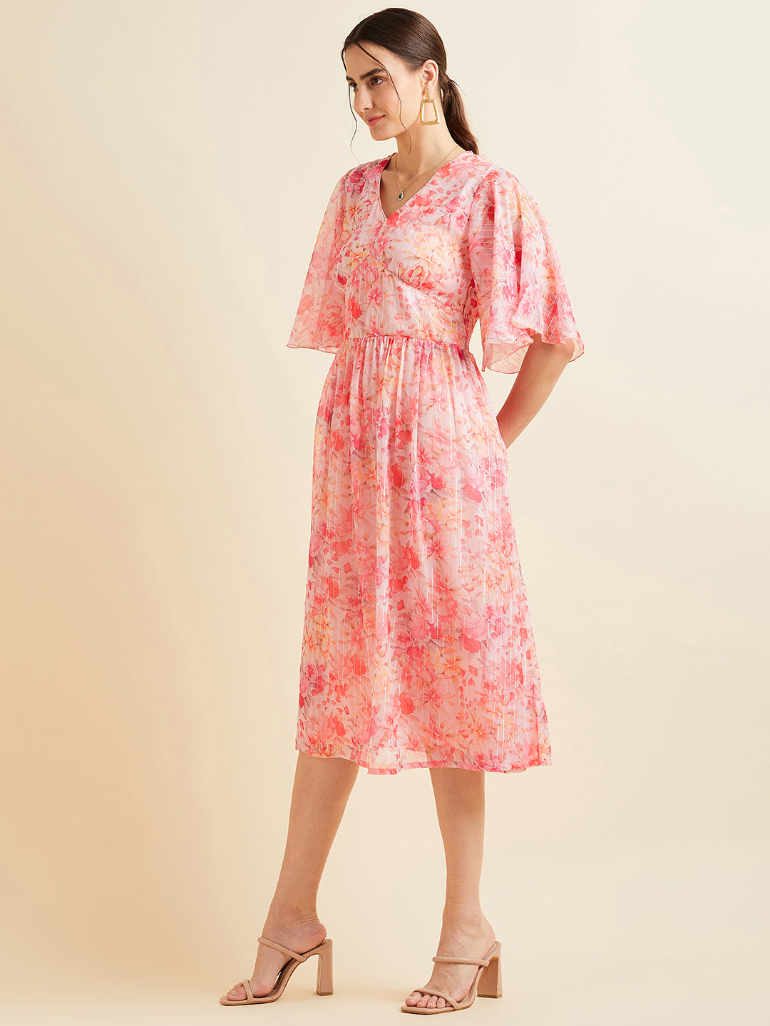 Printed Flared Sleeves V-Neck Gathered Fit & Flare Midi Dress