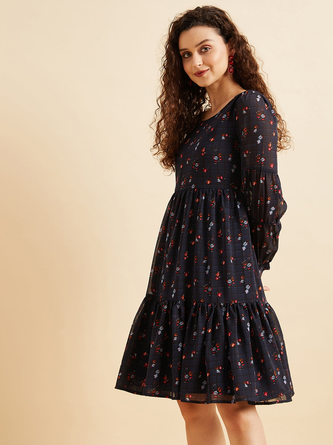 Puffed Sleeves Floral Printed Tiered Fit & Flare Georgette Dress
