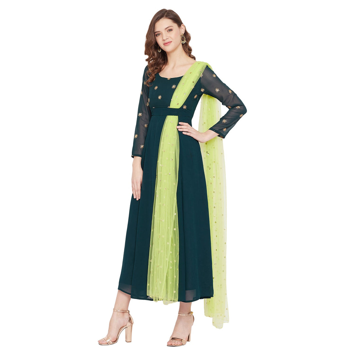 Women Green Embellished Maxi Dress With Dupatta