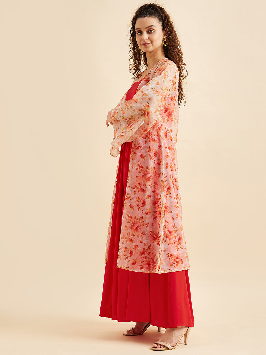 Shoulder Straps Fit & Flare Maxi Ethnic Dress With Printed Shrug