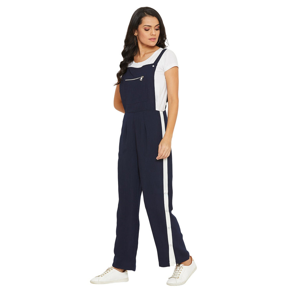 Navy Blue solid dungarees with side stripes detail