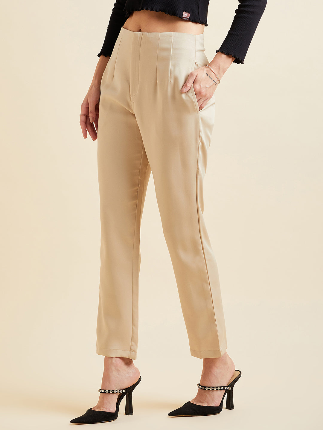 Beige Smart High-Rise Pleated Peg Trousers