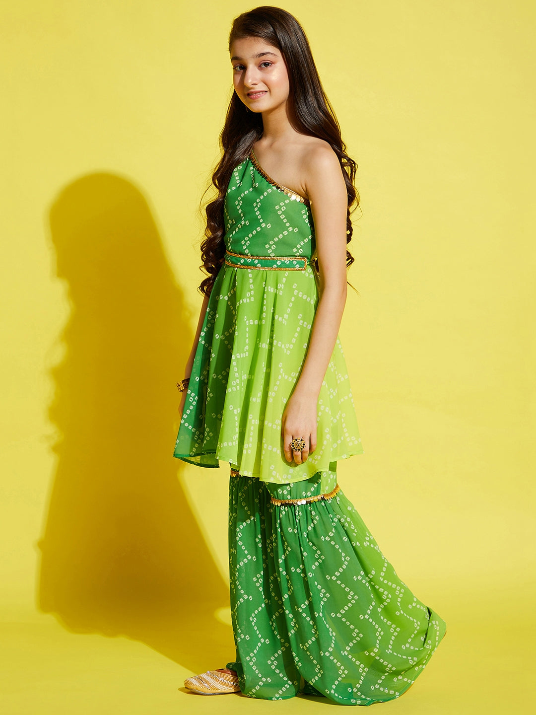 Girls Green Yellow Bandhani Printed A-Line Kurta with With Sharara