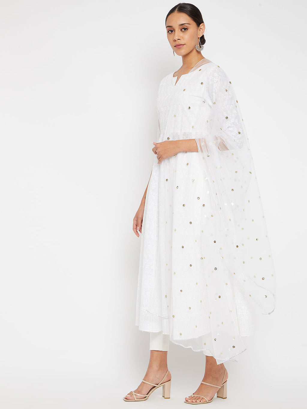 Women White A-Line Kurta with Trouser and Dupatta