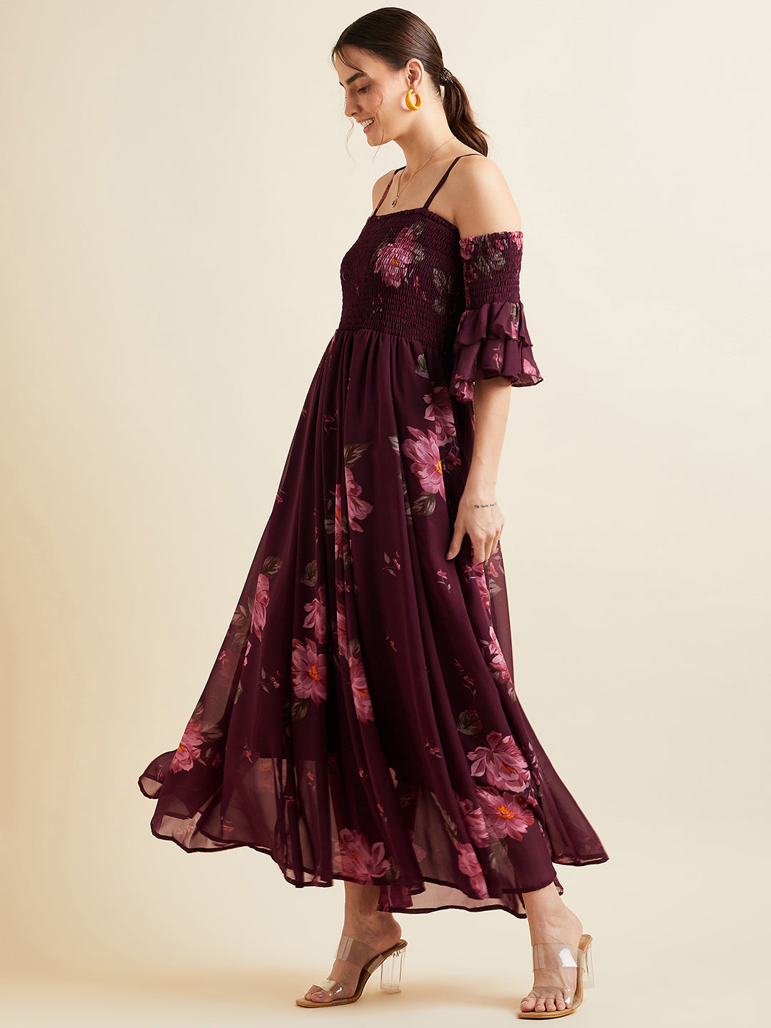 Burgundy & Pink Floral Printed Shoulder Straps Smocked Georgette Maxi Dress