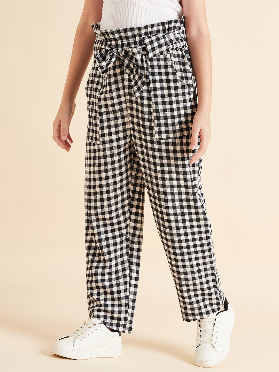 Girls Checked Relaxed High-Rise Trousers