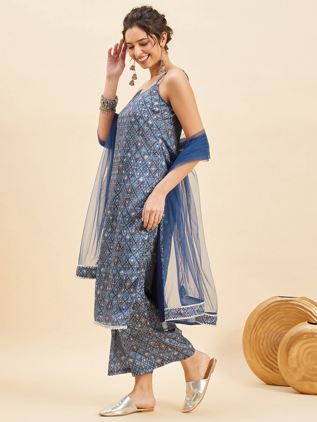 Geometric Printed Shoulder Straps Straight Kurta With Palazzo & Dupatta