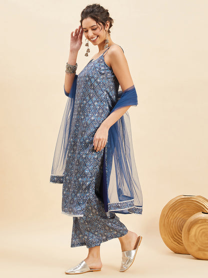 Geometric Printed Shoulder Straps Straight Kurta With Palazzo & Dupatta