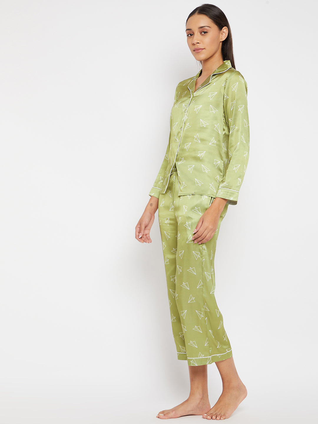 Women Lime Green & White Printed Night suit