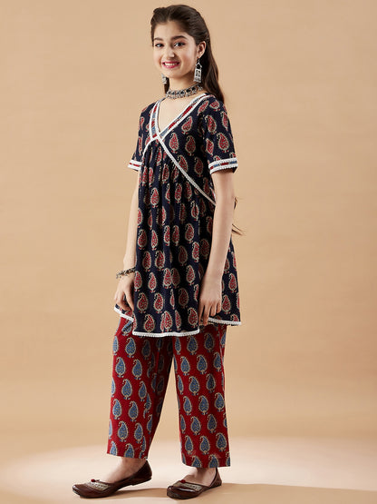 Girls Paisley Printed Pleated Kurta with Trousers