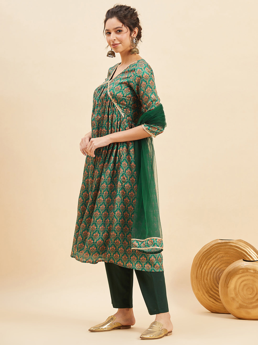 Ethnic Printed Anarkali Kurta With Trousers & Dupatta