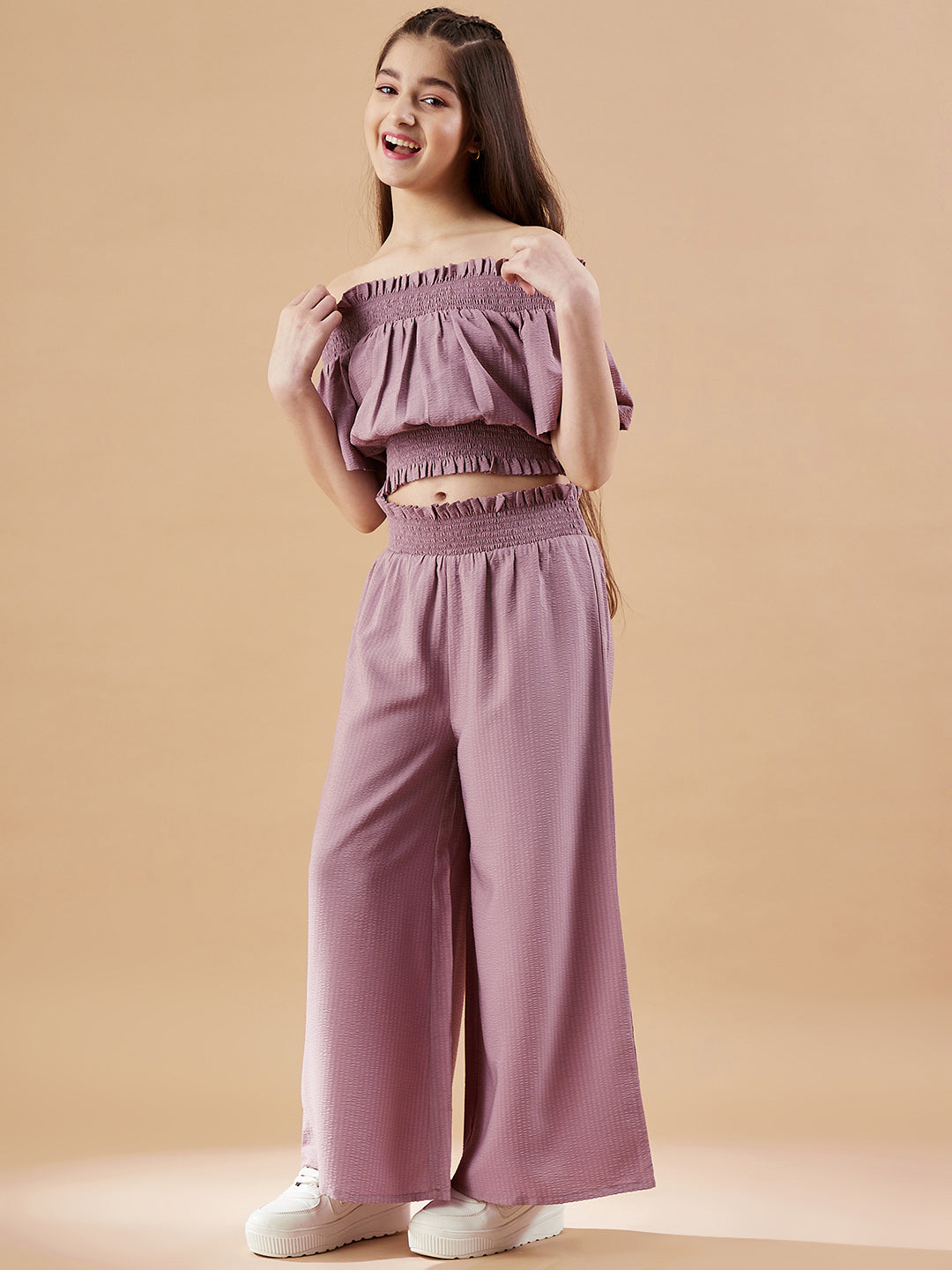 Girls Off-Shoulder Mauve Top with Trousers
