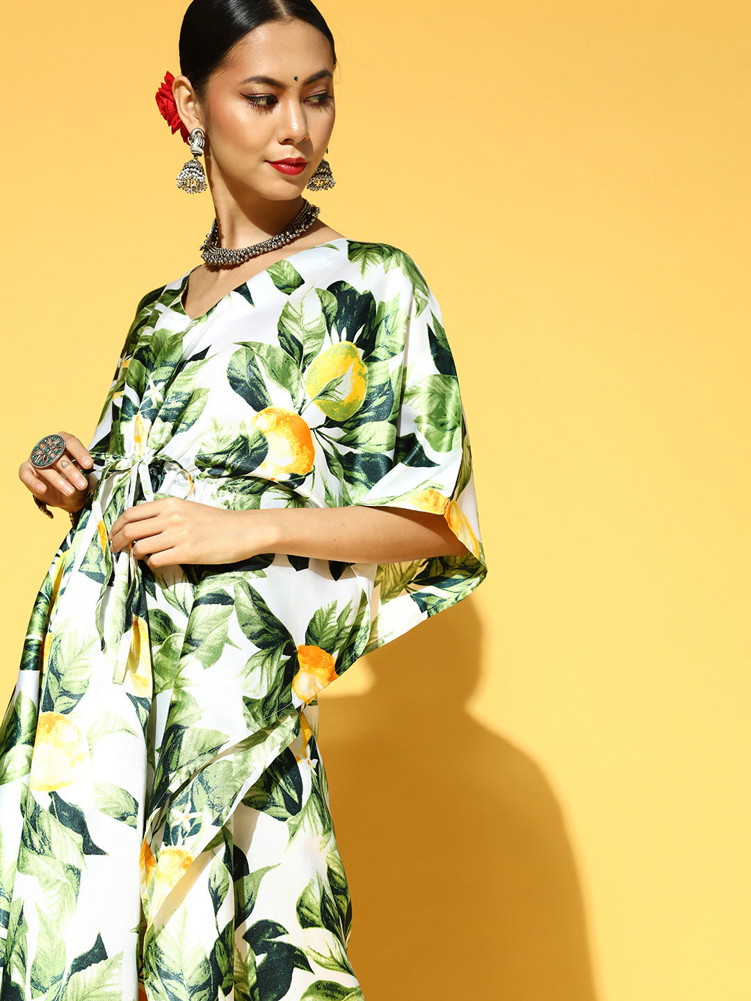 Green & White Floral Satin Ethnic Kaftan Dress