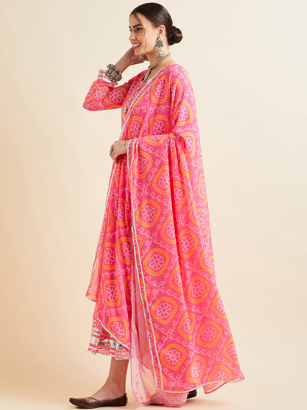 Bandhani Printed Fit & Flared Maxi Ethnic Dress With Dupatta