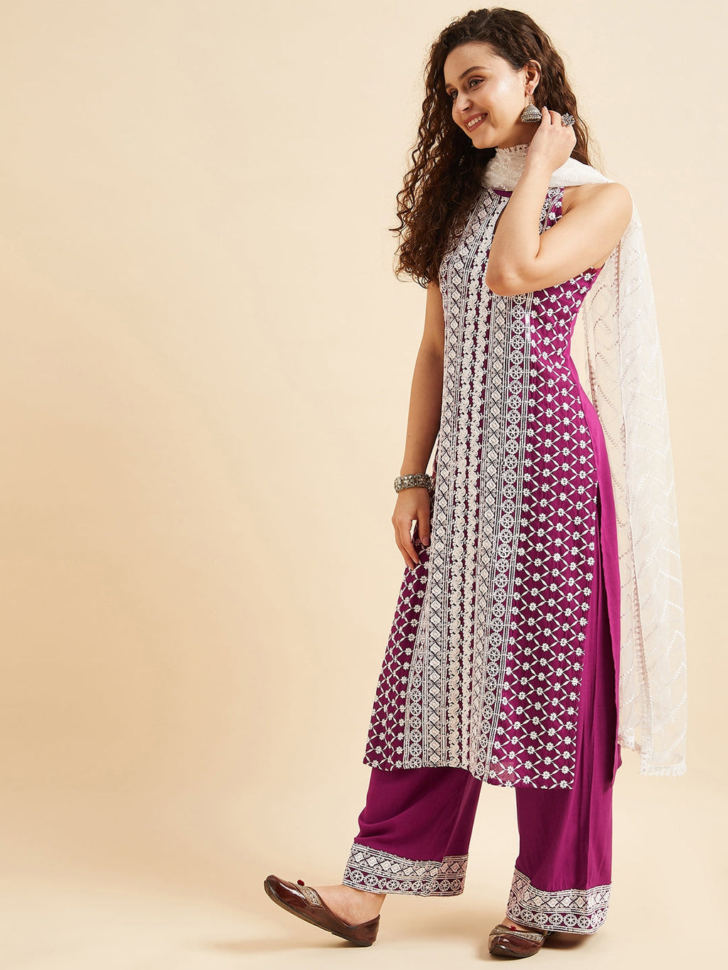 Purple Ethnic Motifs Embroidered Thread Work Regular Kurta with Palazzos & Dupatta