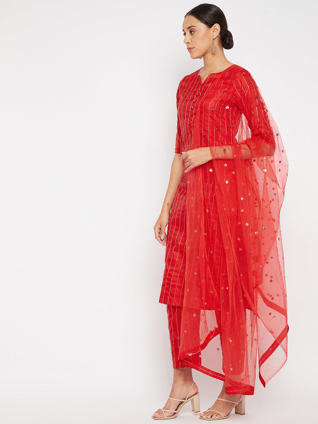 Women Red Sequin Straight Kurta Set with Dupatta