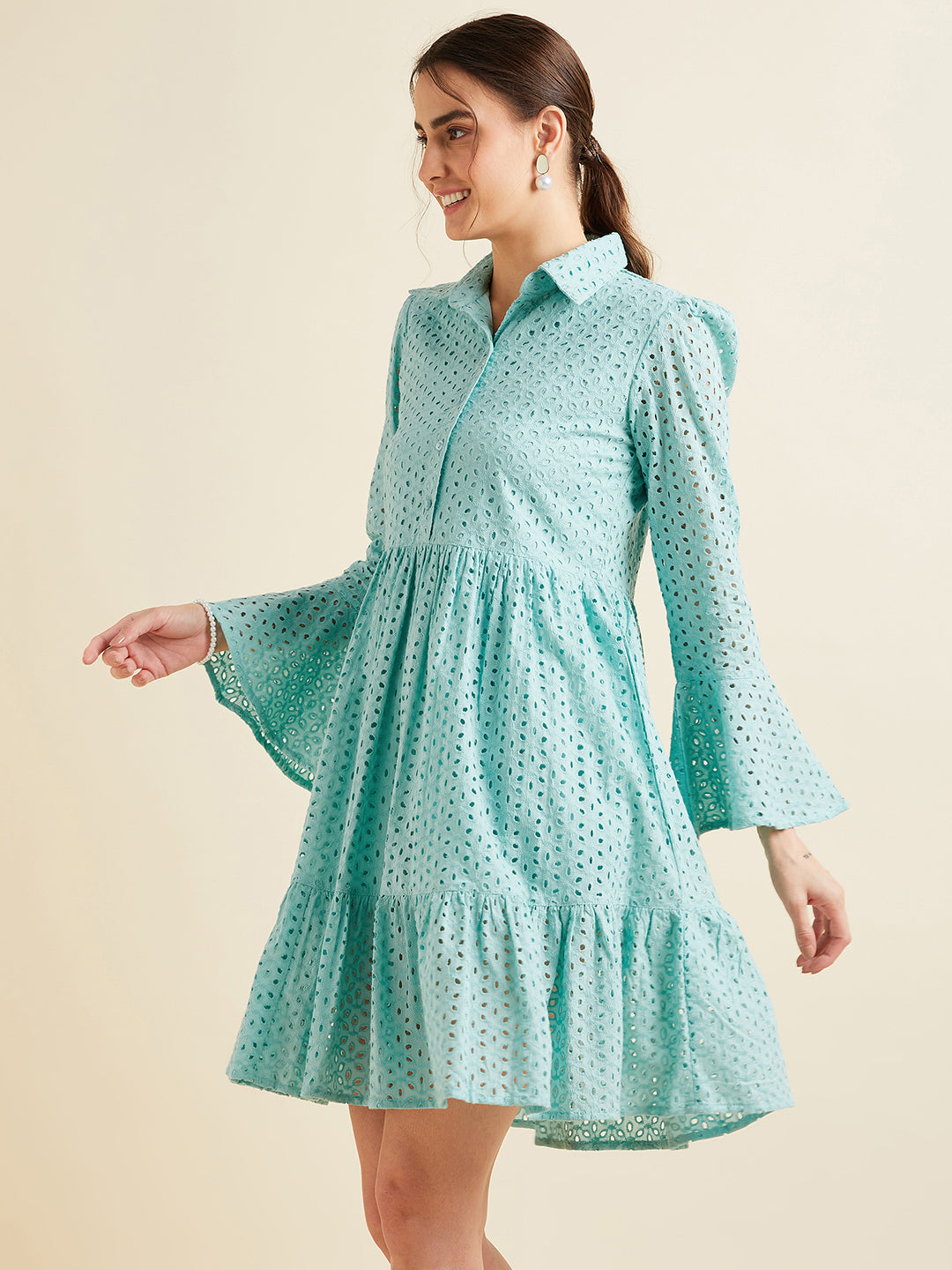 Women Blue Shirt Collar Bell Sleeve Ruffled Schiffli Cotton A-line Dress