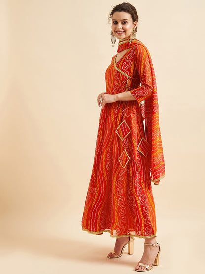 Bandhani Printed V-Neck Anarkali Ethnic Maxi Dress With Dupatta