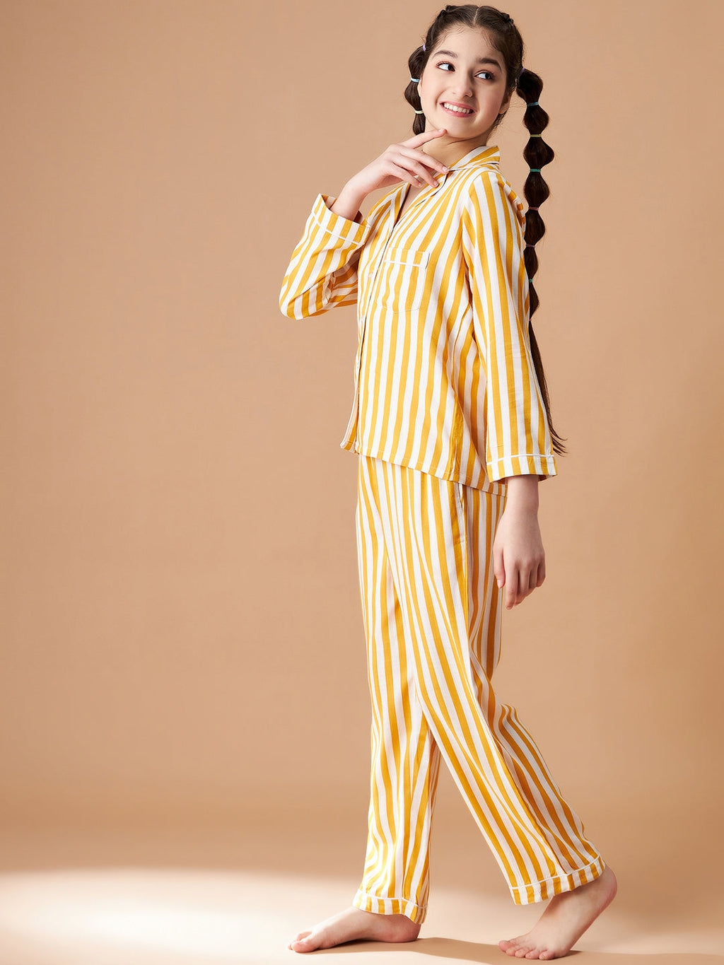 Girls Yellow Striped Cotton Night Suit Set