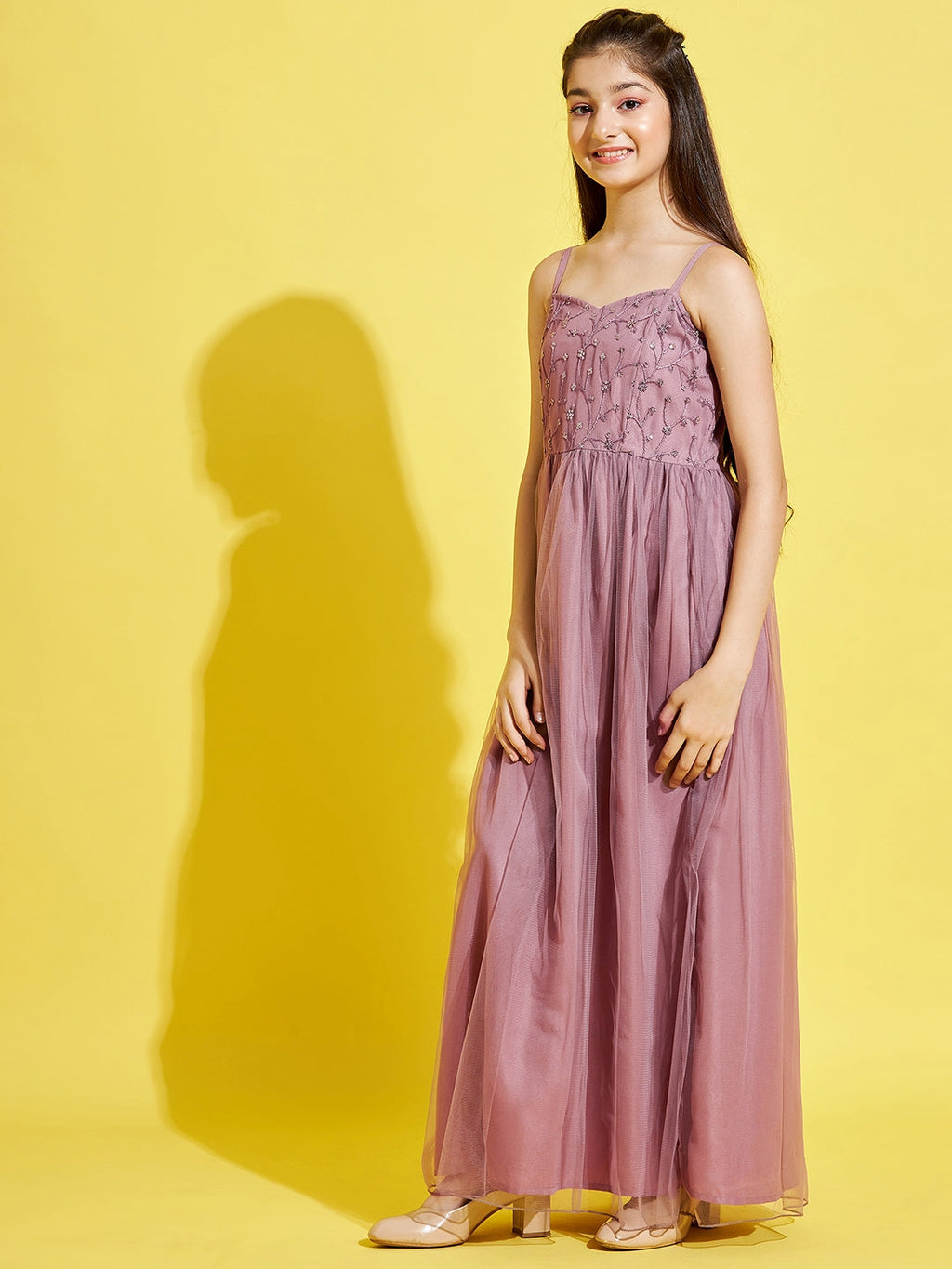 Girls Mauve Floral Net Maxi Maxi Dress