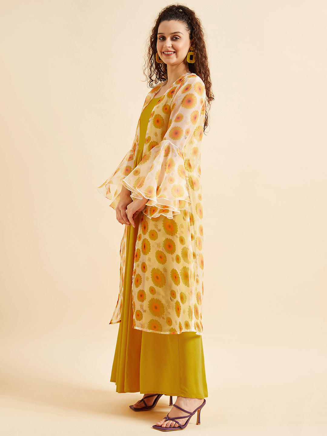 Shoulder Straps Fit & Flare Maxi Ethnic Dress With Printed Shrug
