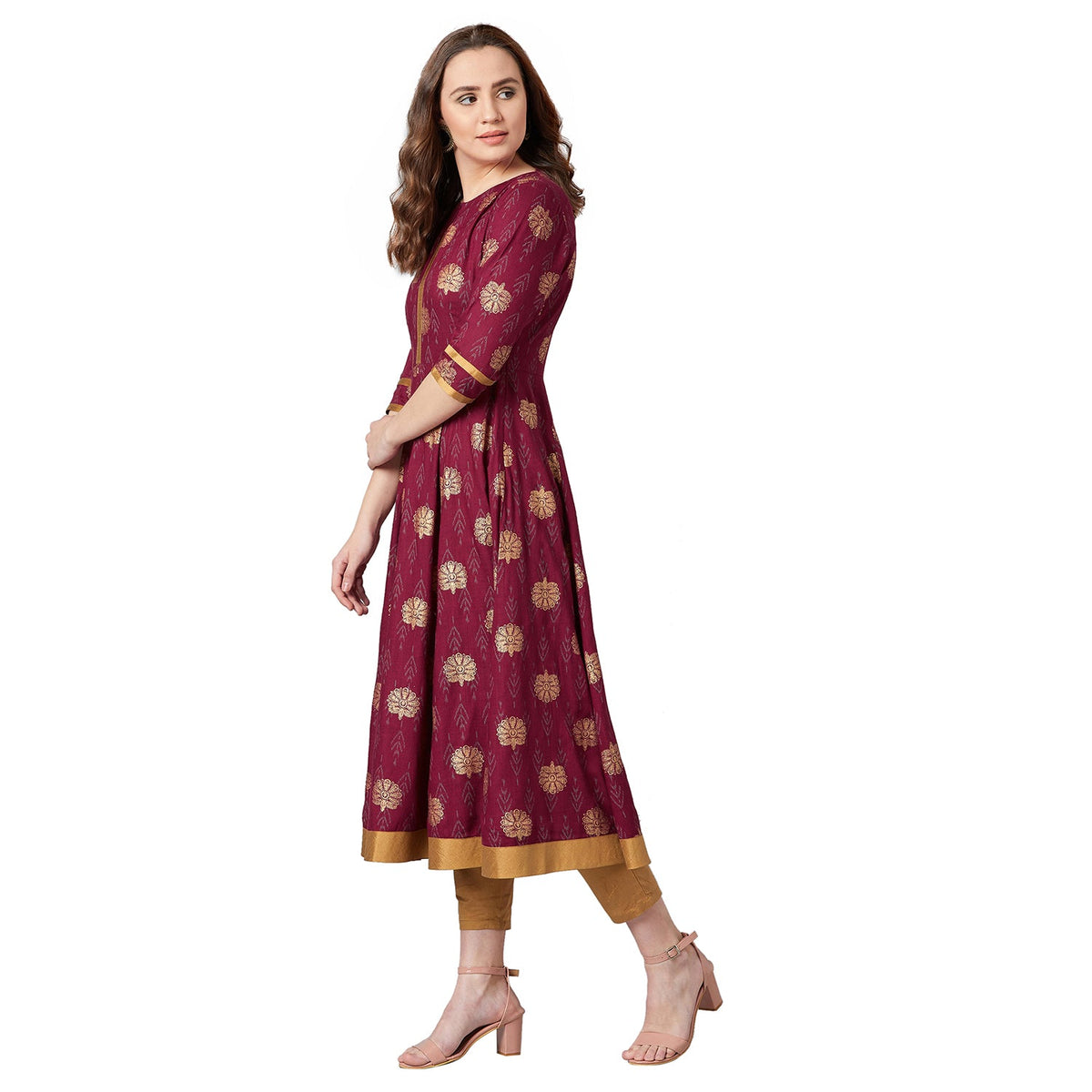 Women Maroon Printed Anarkali Kurta