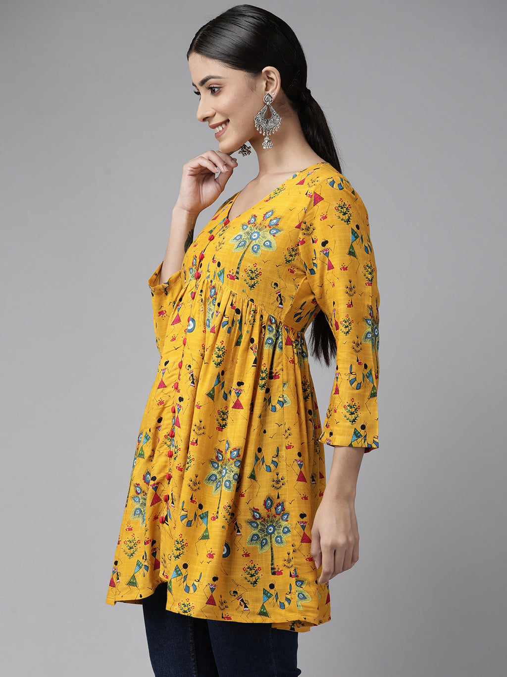 PANIT Women Yellow  Black Tribal Printed Pleated Kurti