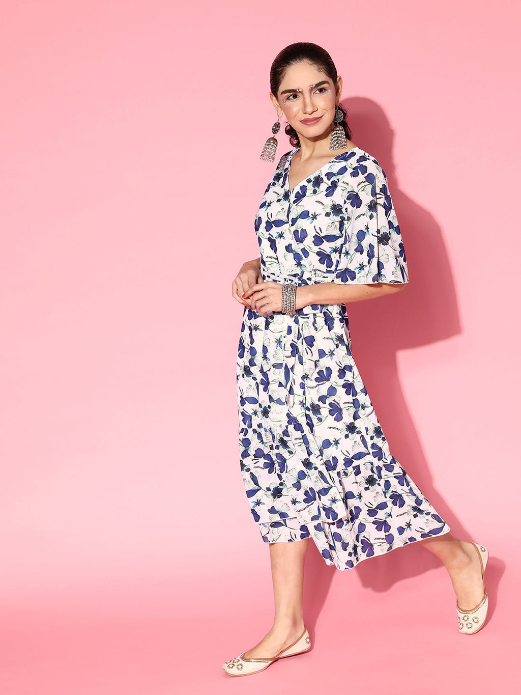 PANIT Women Classic White Floral Twist  Knot Dress