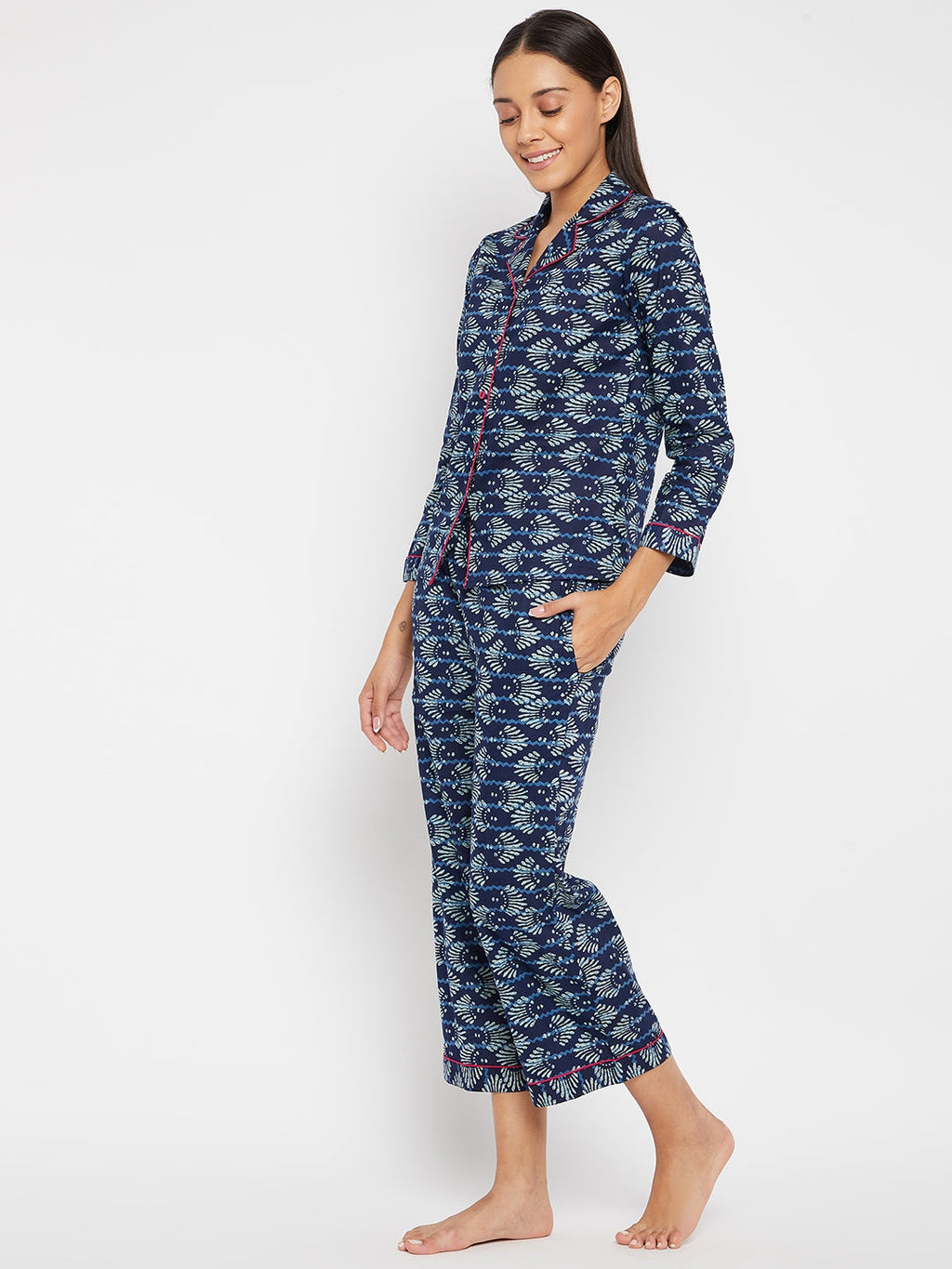 Women Navy Blue & White Printed Night suit