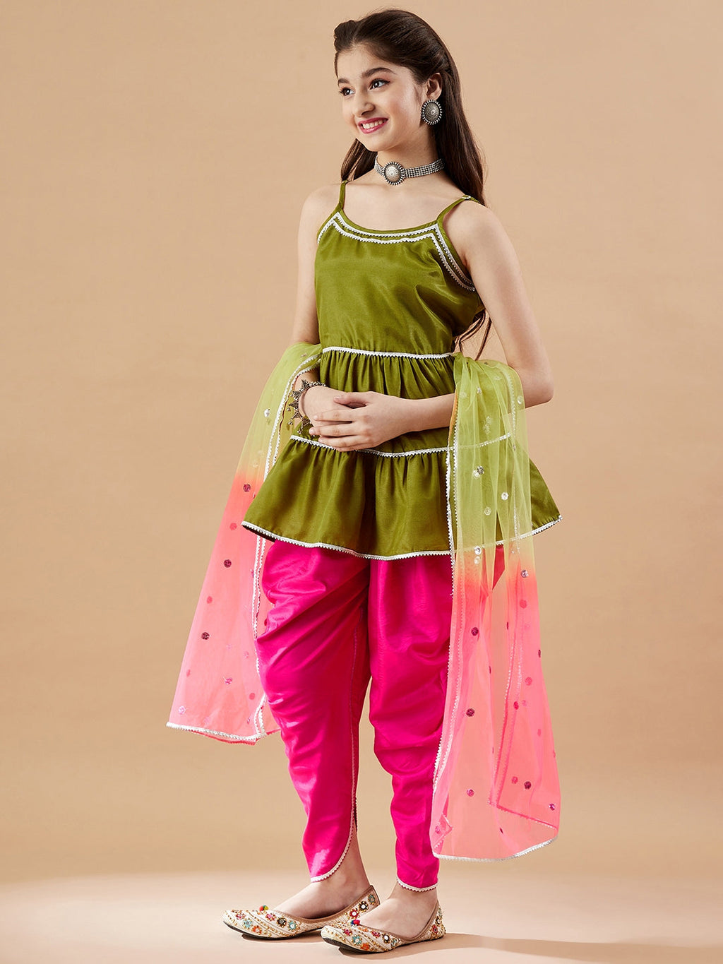 Girls Tiered Gotta Patti Kurti with Dhoti Pants & With Dupatta