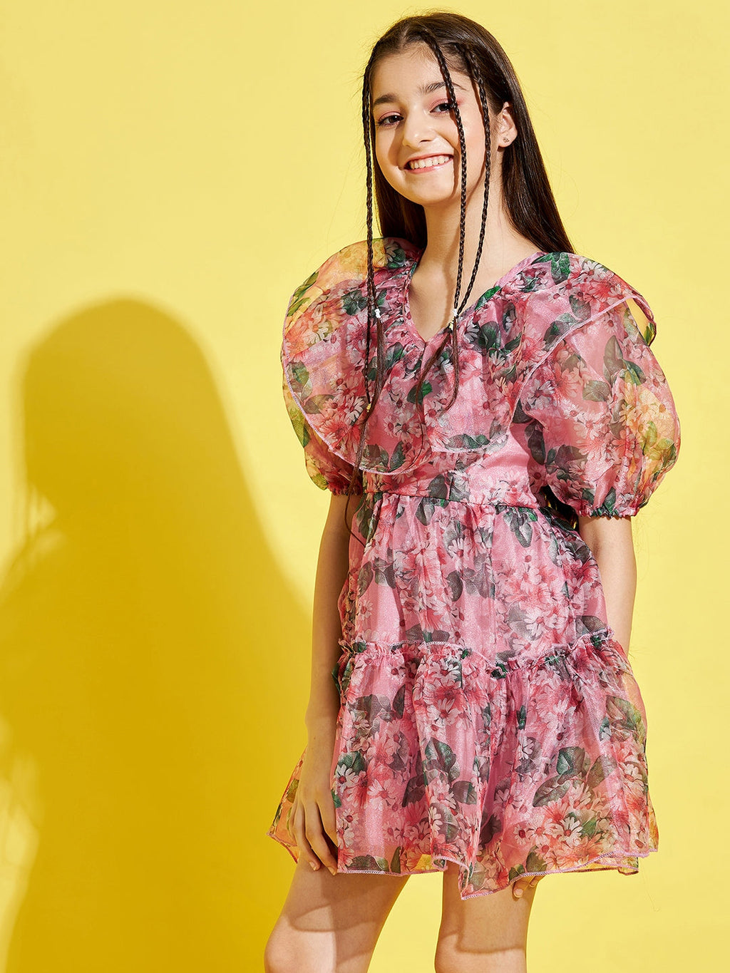 Girls Pink & Black Floral Dress