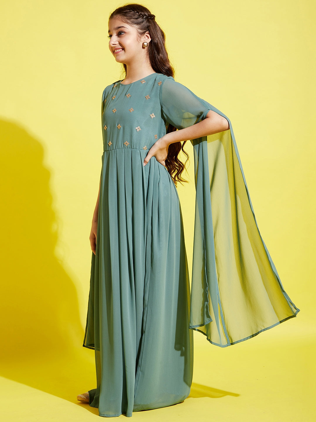Girls Sea Green Georgette Maxi Dress