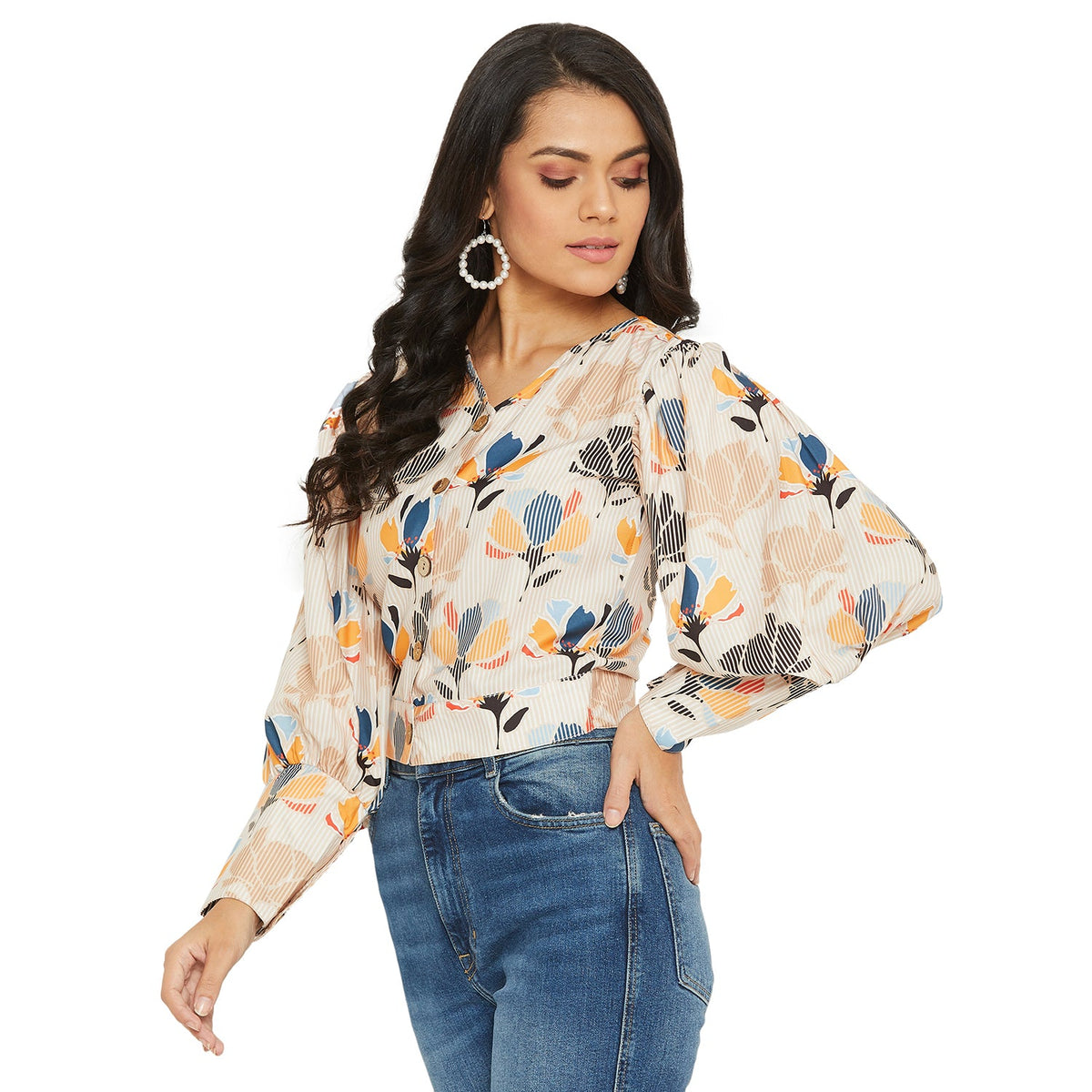 Light Brown Floral Printed Top With Puff Sleeve