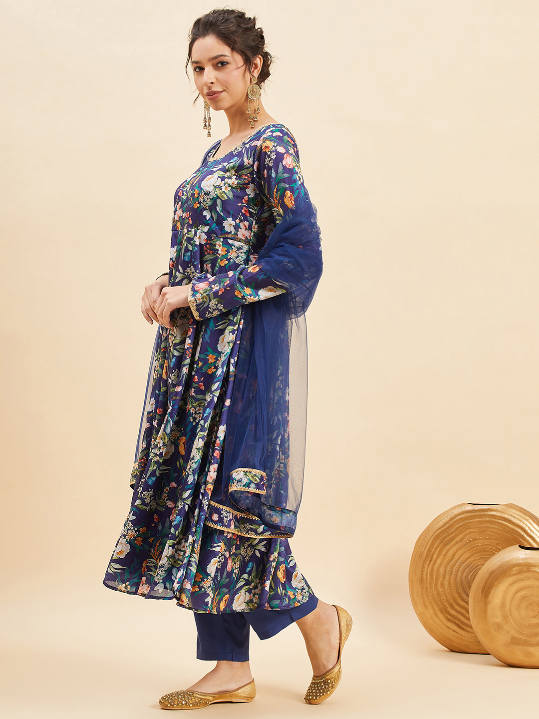 Floral Printed Pleated Anarkali Kurta With Trousers & Dupatta