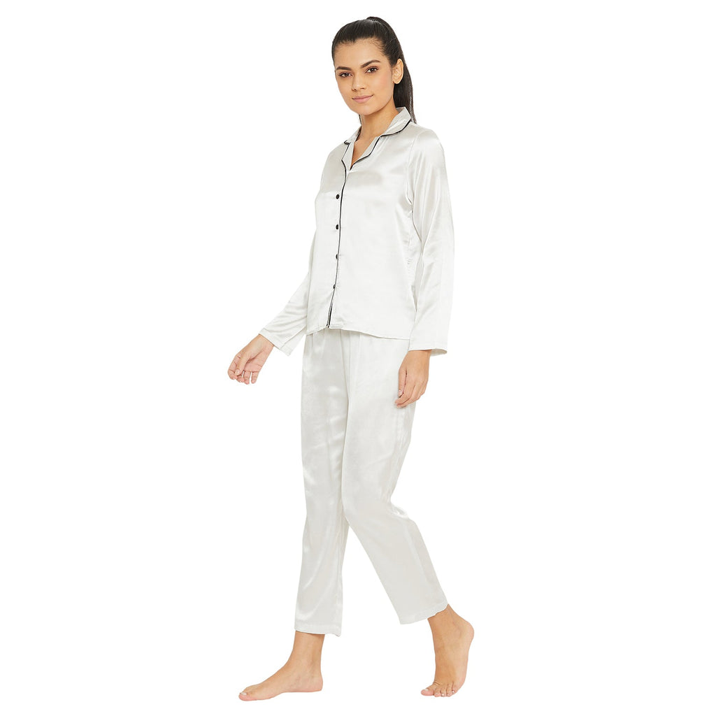 Women White Satin Finish Solid Night Suit