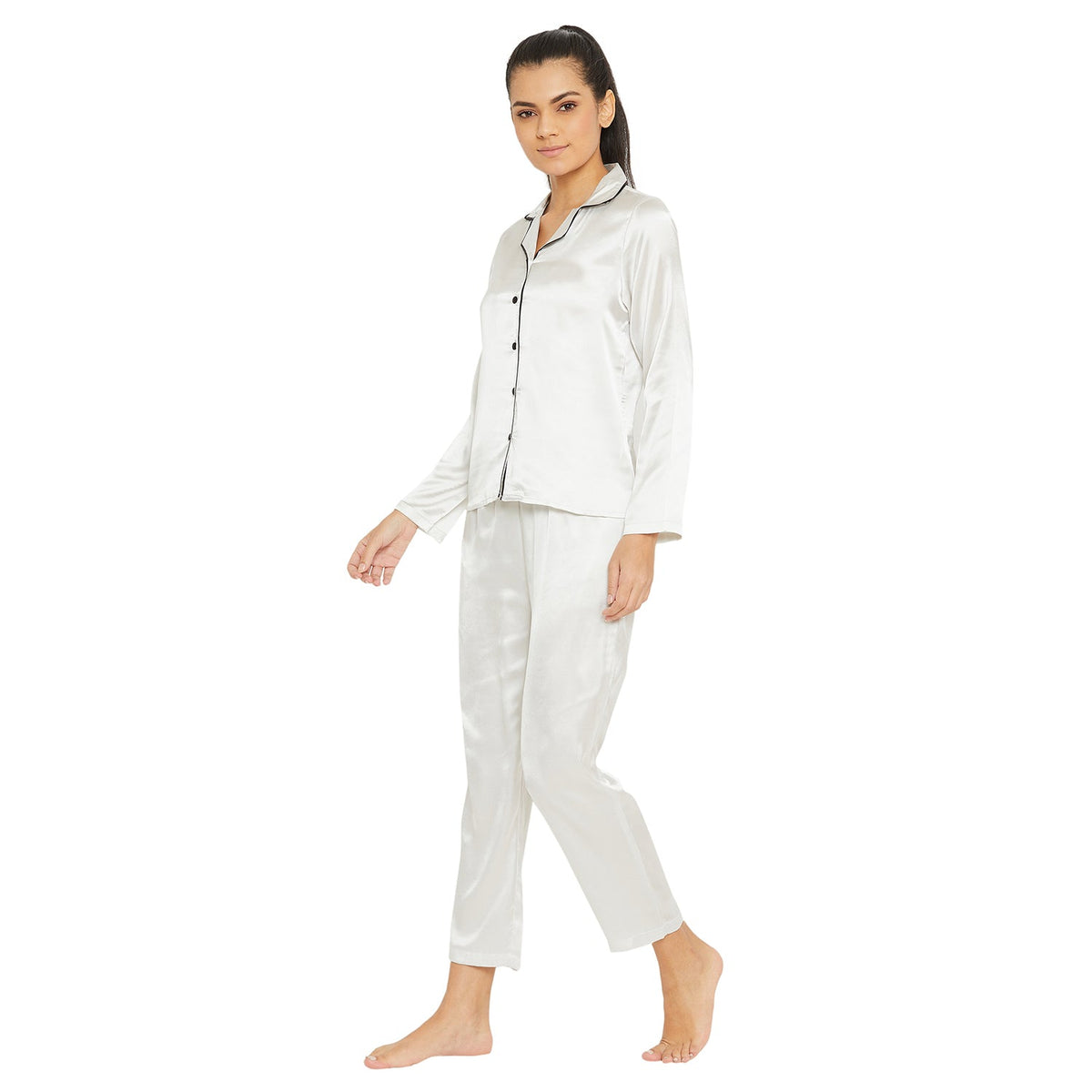 Women White Satin Finish Solid Night Suit