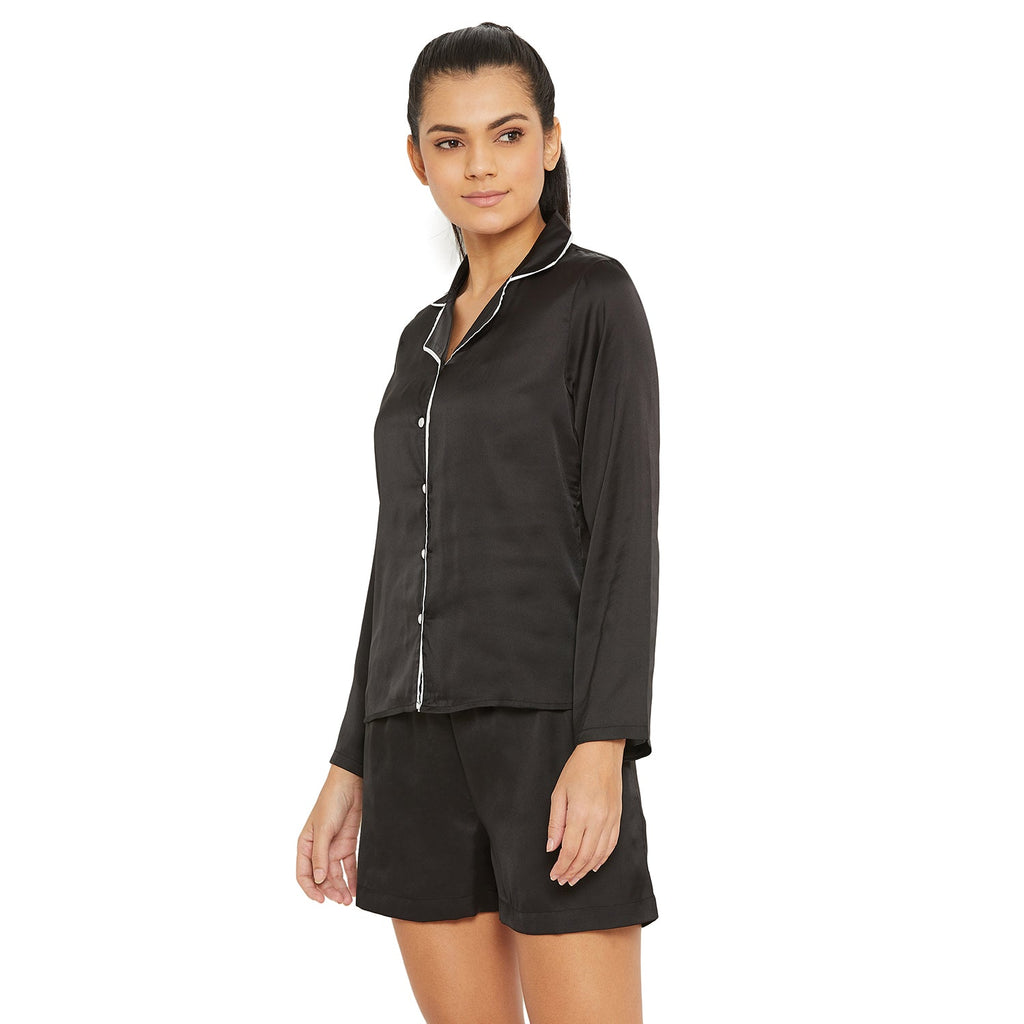 Women Black Satin Finish Solid Night Suit