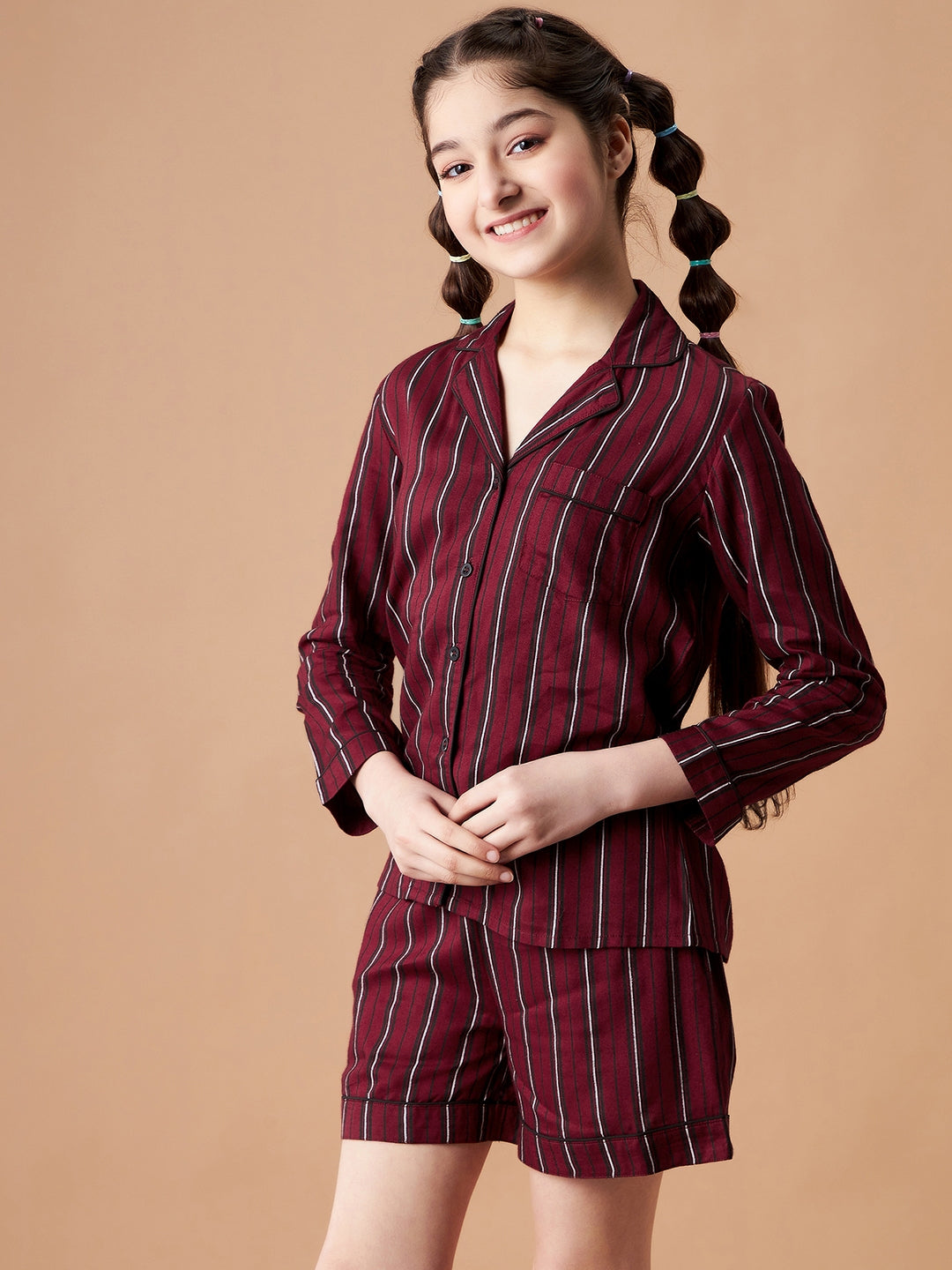 Girls Maroon Striped Shorts Night Suit Sets