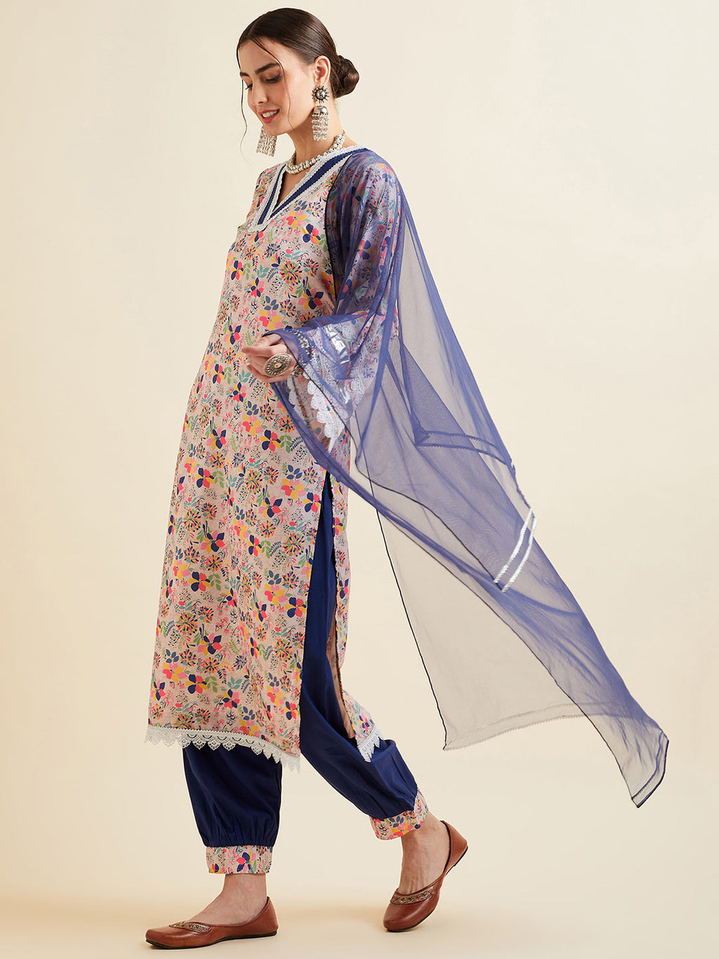 Floral Printed High Slit Patchwork Kurta with Salwar & With Dupatta