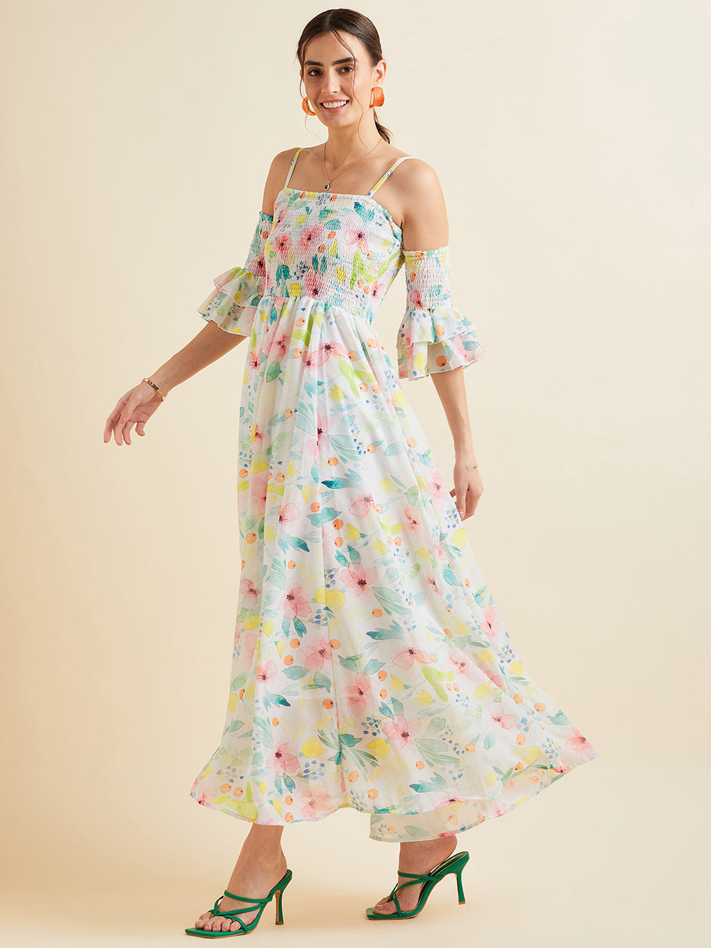 Floral Printed Smocked Off Shoulder Georgette Maxi Dress