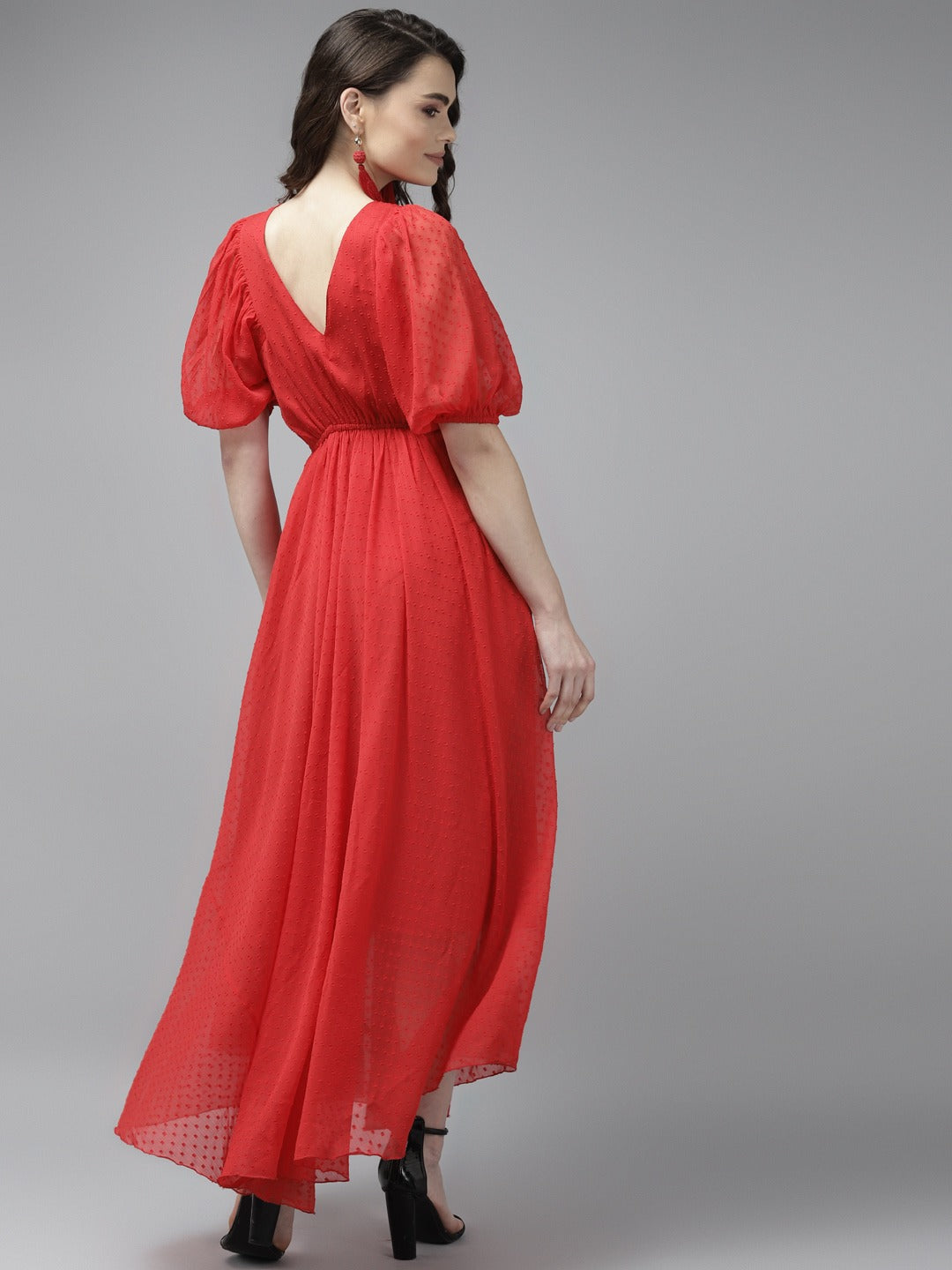 PANIT Red Solid Georgette Dobby Maxi Fit  Flare Dress