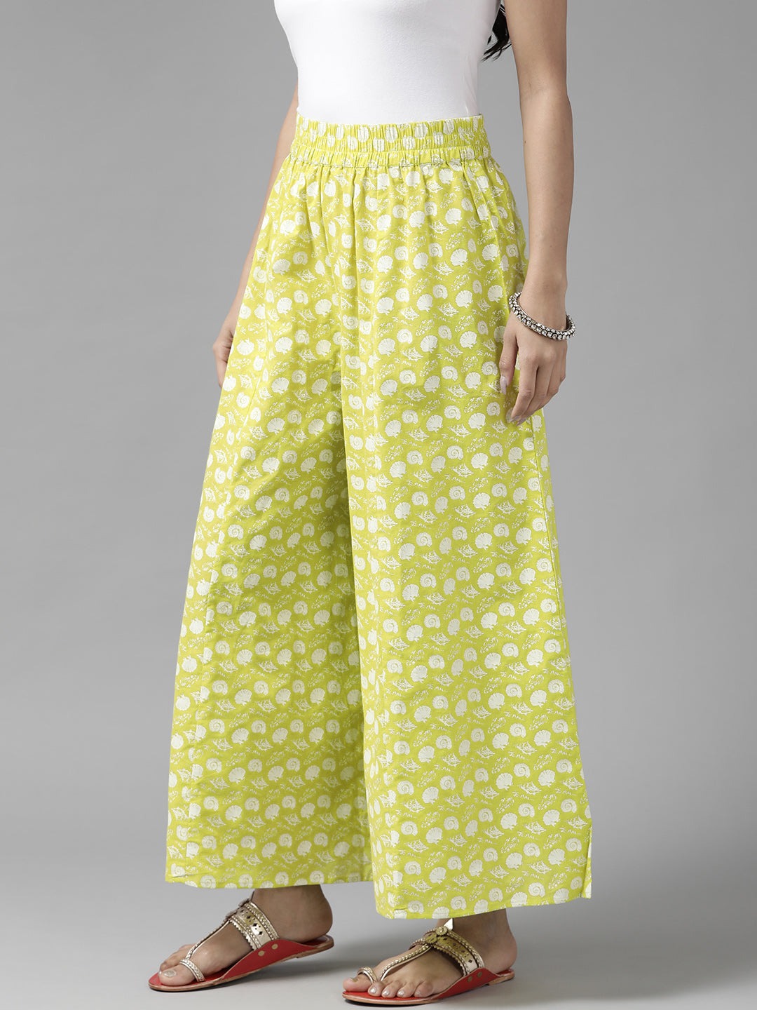 Women Lime Green & White Ethnic Motifs Printed Cotton Palazzos