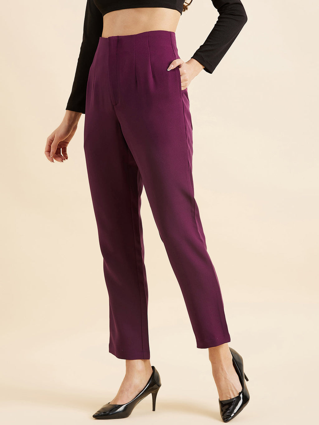 Burgundy Smart Straight Fit High-Rise Pleated Peg Trousers